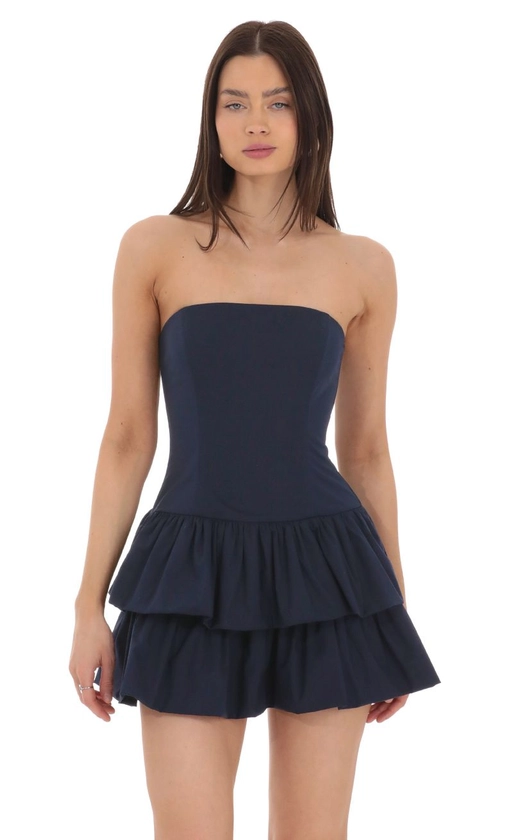 Strapless Corset Bubble Dress in Navy | LUCY IN THE SKY