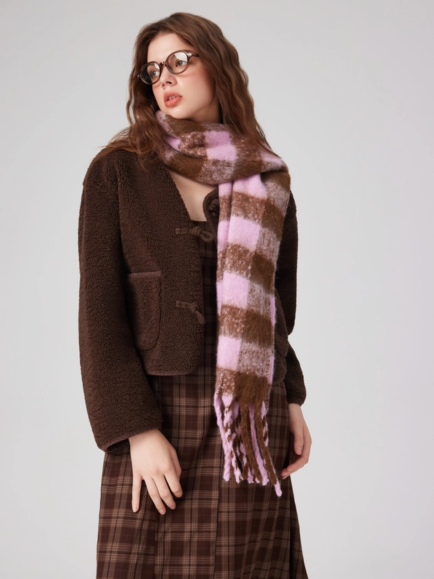 Mohair PLAID TASSEL SCARF For Coffee Shop Daily Casual Date Work School