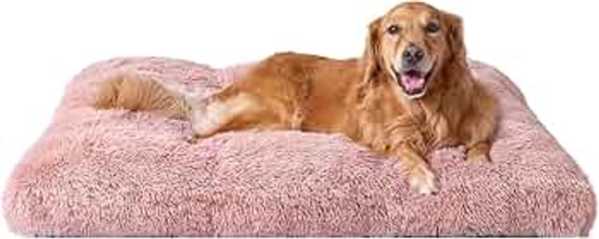 EHEYCIGA Fluffy Dog Crate Bed for Extra Large Dogs, Plush Faux Fur Dog Crate Pad, Calming Anti Anxiety XL Dog Bed for Crate, Washable Soft Warm Dog Crate Mat with Non-Slip Bottom, Pink