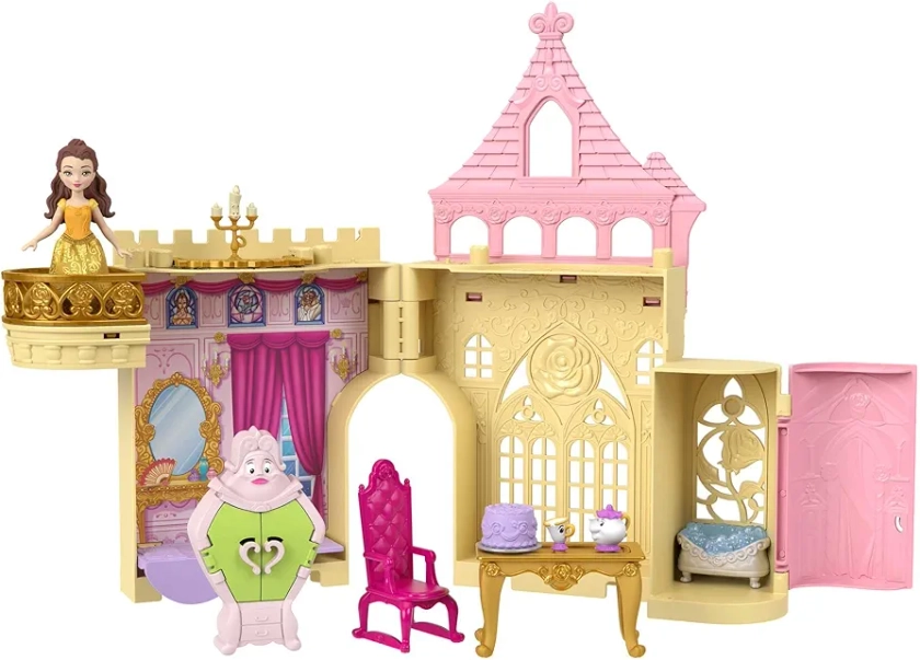Mattel Disney Princess Toys, Belle Stackable Castle Doll House Playset with Small Doll and 8 Pieces, Inspired by the Disney Movie, Kids Travel Toys and Gifts, HPL52