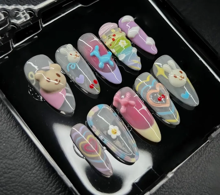 Cute Bear Bunny Press On Nails, Handmade Luxurious Colorful 3D Gel Faux Acrylic Design Nails, Custom Nails Nailbox, Summer Party Nails