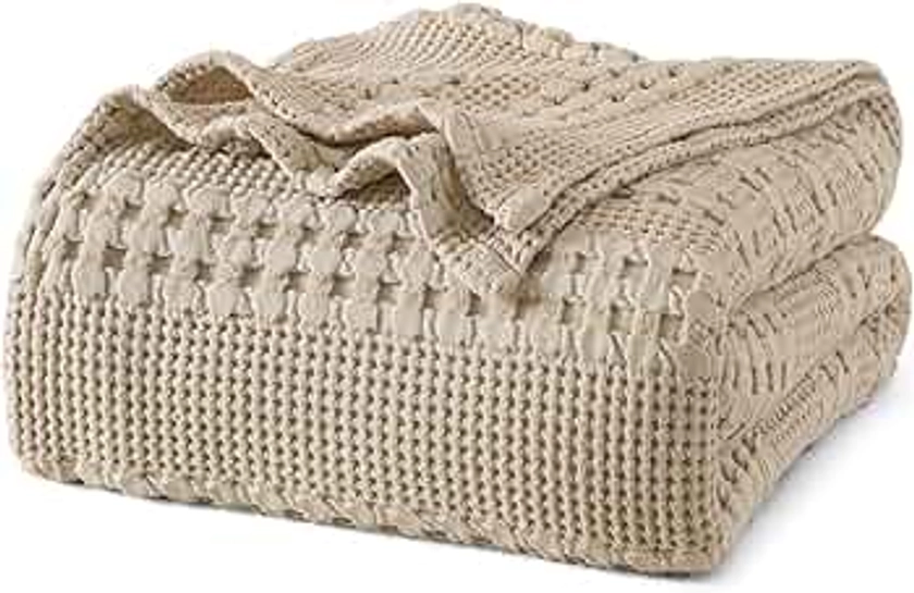 PHF 100% Cotton Waffle Weave Blanket Queen Size for Bed, Lightweight Washed Cotton Blanket - 90"x90" Aesthetic Soft Woven and Breathable Blanket for Sofa Home Decor - Simply Taupe