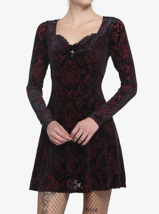 Velvet Damask Long-Sleeve Dress | Hot Topic