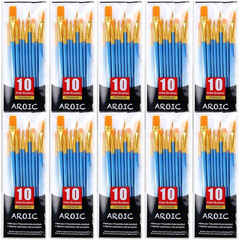 AROIC Paint Brushes, 10 Pack 100 Pcs Acrylic Paint Brushes Artist Paint Brushes for Oil Watercolor Acrylic Face Rock Painting（Blue）