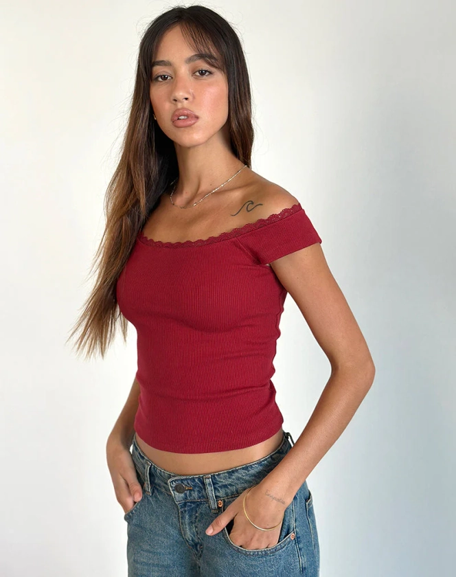 Chacha Ribbed Top in Adrenaline Red with Lace Trim
