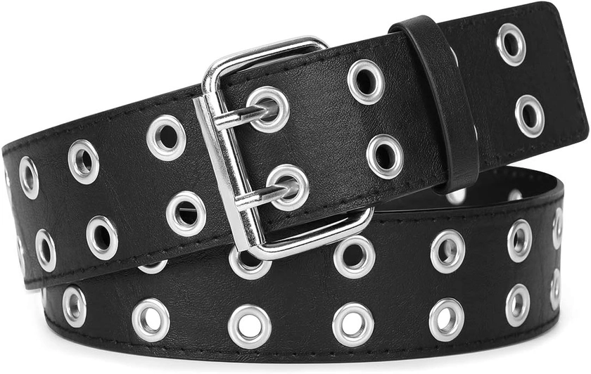 WERFORU Double Grommet Belt PU Leather Punk Belt for Women Men Jeans 2 Hole Belts 1.5 Wide