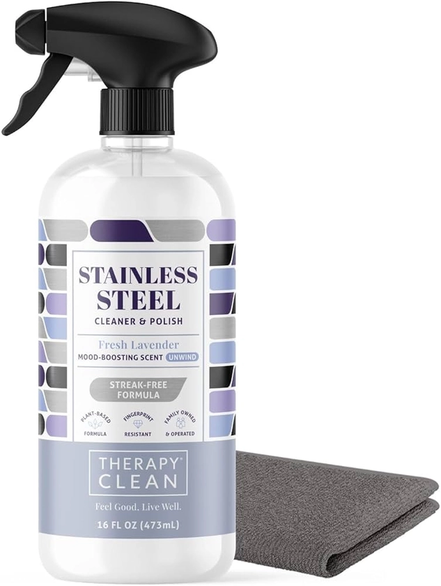 Amazon.com: Therapy Stainless Steel Cleaner and Polish Bundle with Microfiber Cloth, Fingerprint and Residue Remover, 100% USDA BioBased, Lavender Essential Oil Scent, Sink Cleaner, Grill Cleaner Spray : Health & Household
