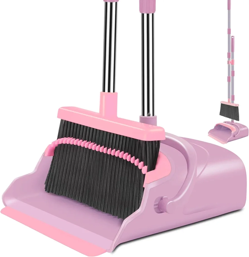 kelamayi Broom and Dustpan Set for Home, Office, Indoor&Outdoor Sweeping, Stand Up Broom and Dustpan (Pink)