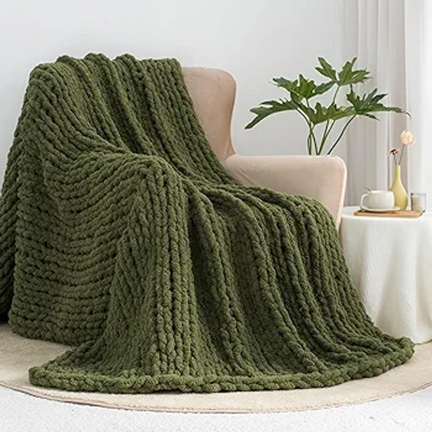 Chunky Knit Throw Blanket 50" X 60", 100% Hand Made Large Chenille Loop Yarn Soft Fluffy Throws for Couch Sofa Bed, Big Crochet Cozy Heavy Thick Cable Woven Blanket, Olive Green