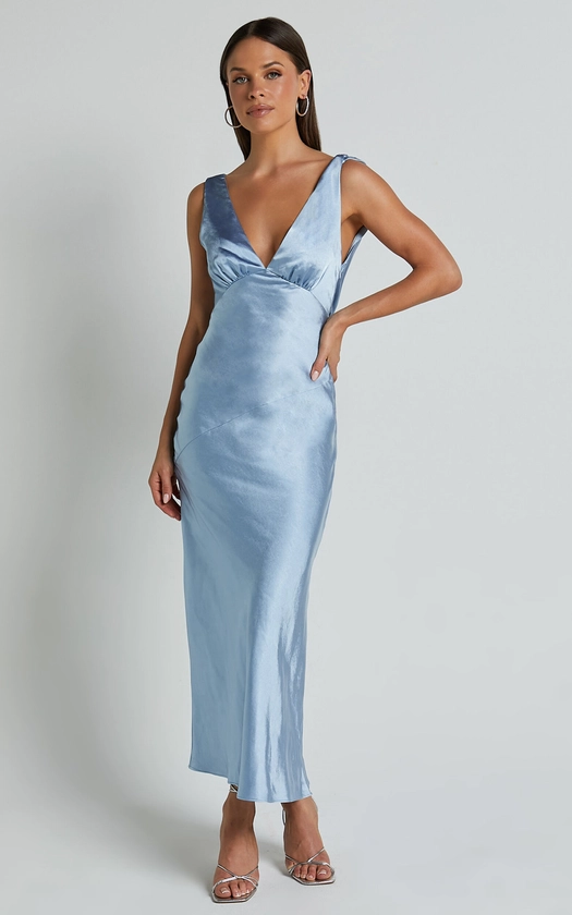 BRIENNE MIDI DRESS - PLUNGE COWL BACK SATIN DRESS IN BLUE