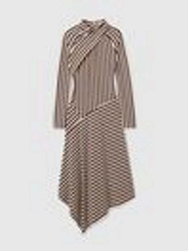 Cat Brown/Cream Striped Jersey Asymmetric Midi Dress