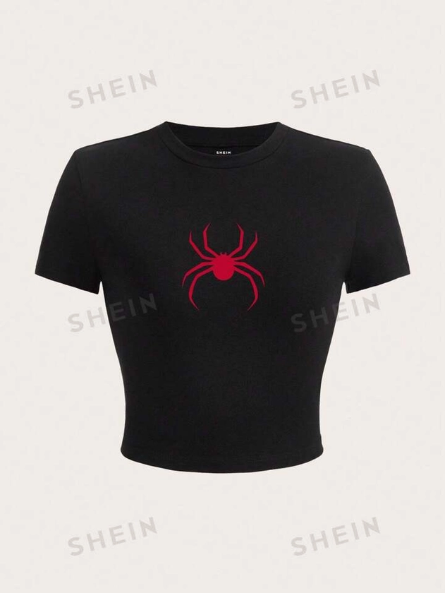 SHEIN EZwear Graphic T Shirt Casual Spider Print Short Sleeve Round Neck Fitted Women's T-Shirt Suitable For Summer