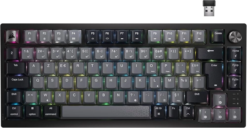 Corsair K65 Plus Wireless 75% RGB Clavier Mécanique de Jeu Remplaçable à Chaud - Commutateurs Linéaires MLX Red Pré-Lubrifiés - Capuchons de Touches PBT - AZERTY FR - Noir