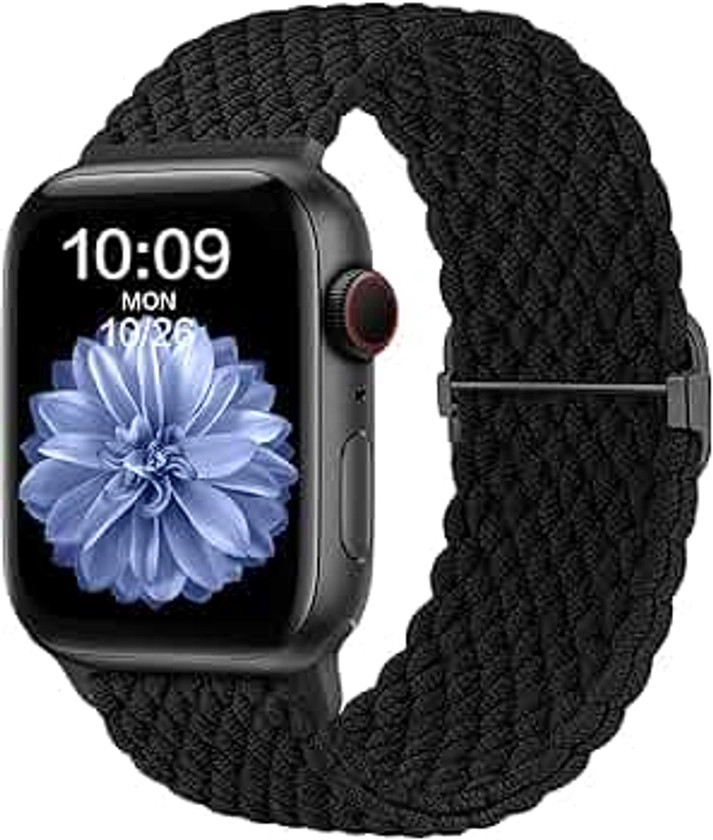 CeMiKa Bracelet Tressé Compatible avec Apple Watch Bracelet 42mm 44mm 45mm 49mm 46mm, élastique Stretch Alternative Sport Strap pour iwatch Series 10 9 8 7 6 5 4 3 SE Ultra 2 1, Femme Homme, Noir