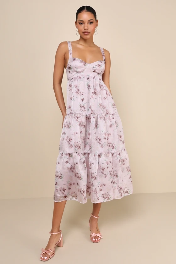 Marvelously Darling Mauve Floral Tiered Backless Midi Dress