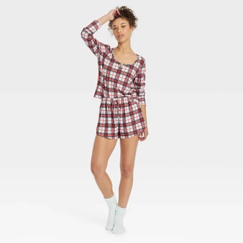 Women's 3pc Long Sleeve Shirt and Shorts with Socks Pajama Set - Colsie™ Blue Plaid M