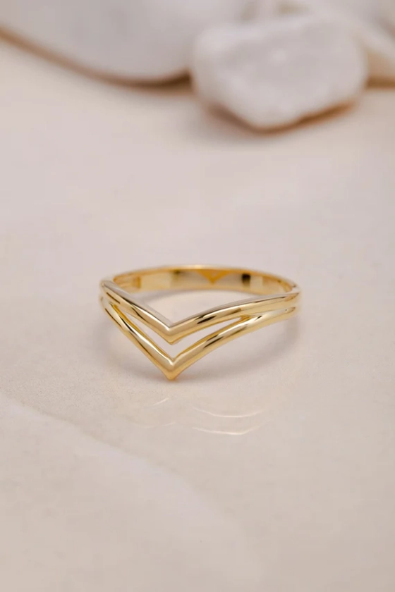 Double 925 Solid Gold Plain Stacking Ring - V Ring - Curve Ring,Chevron Ring, Plain Stackable Ring, Gold Matching Ring, Halloween Jewelry