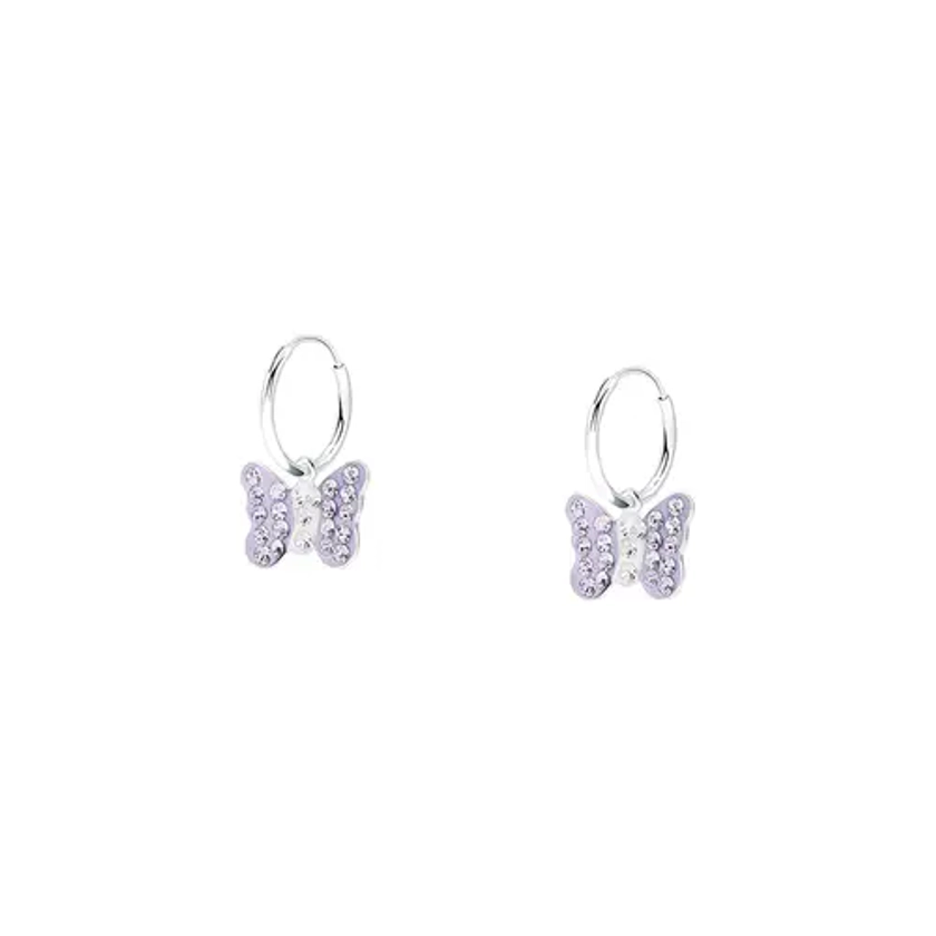 Boucles d’oreilles Créoles Enfant Cleor Argent 925/1000 Blanc Cristal Violet Papillon Cerceau Z0160930 - Cleor