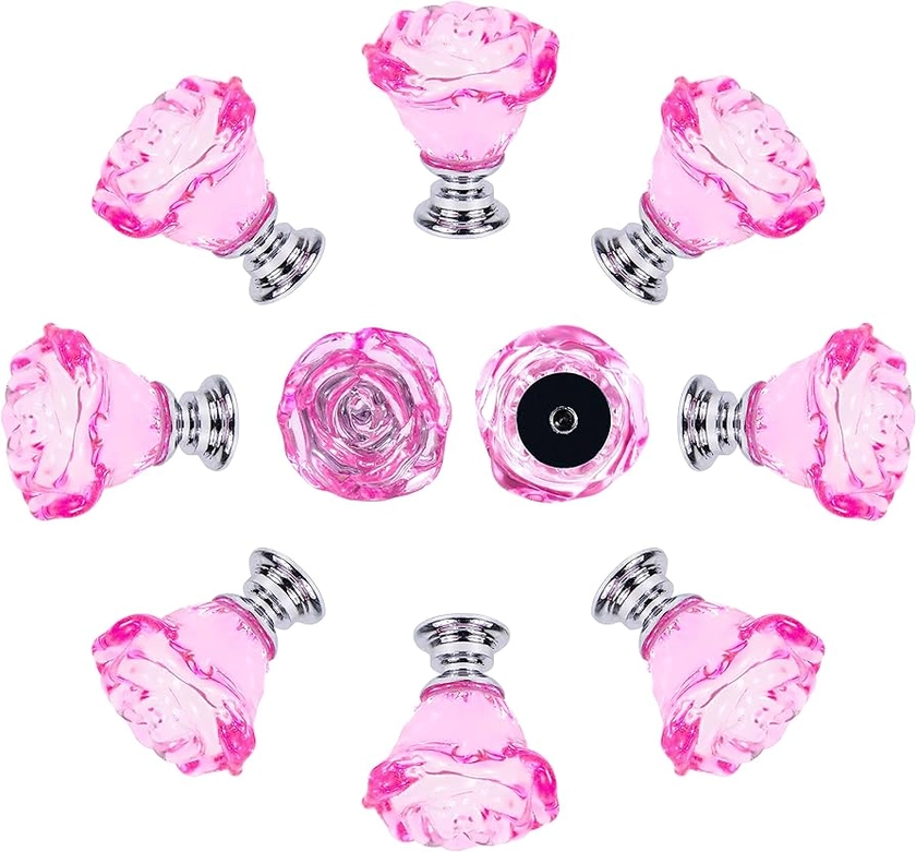 JIABOSE 10pcs 30mm Crystal Pink Rose Door Knobs for Cabinet Drawer Wardrobe Home Decorating with Silver Base