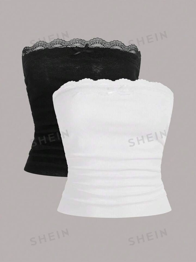 SHEIN EZwear Summer Outfits 2pcs Lace Trim Tube Top | SHEIN USA