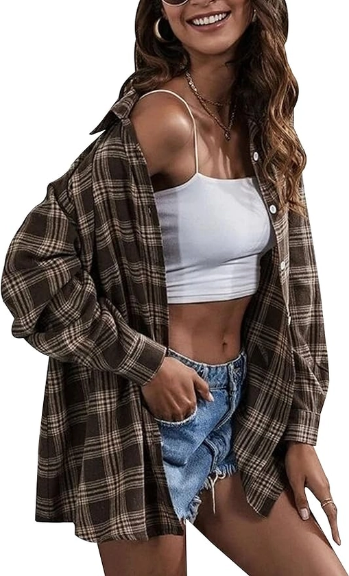 HangNiFang Flannel Shirts for Women Oversized Coffee Plaid Shirts Blouse Tops(0368-Coffee-S) at Amazon Women’s Clothing store