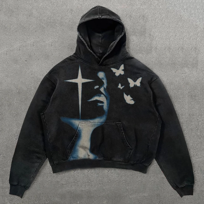 Vintage Butterfly Graphic Washed Hoodie