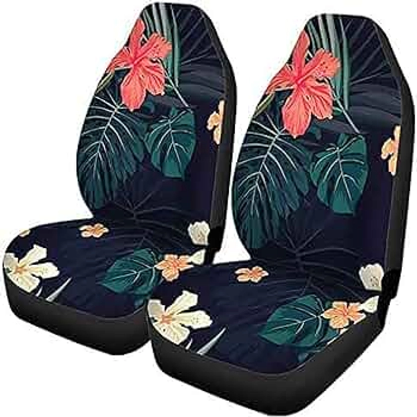 Semtomn Set of 2 Car Seat Covers Green Summer Colorful Tropical Plants and Hibiscus Flowers Universal Auto Front Seats Protector Fits for Car,SUV Sedan,Truck