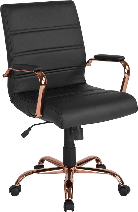 Flash Furniture Whitney Mid-Back Swivel LeatherSoft Desk Chair with Padded Seat and Armrests, Adjustable Height Padded LeatherSoft Office Chair, Black/Rose Gold