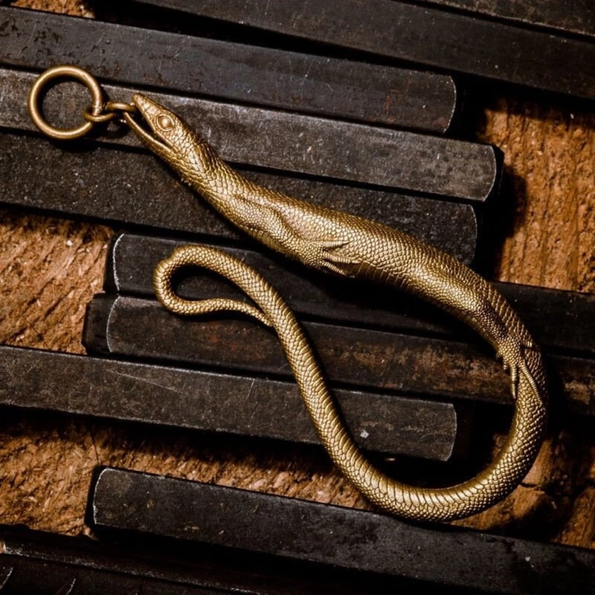 Billing | Hand Carved Lizard Hook | Original Design Keychain | Brass Pendant | Personalized Gift
