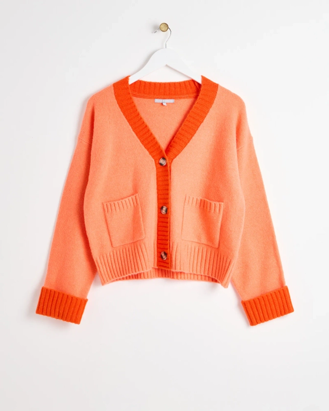 Orange Contrast Trim V-Neck Knitted Cardigan