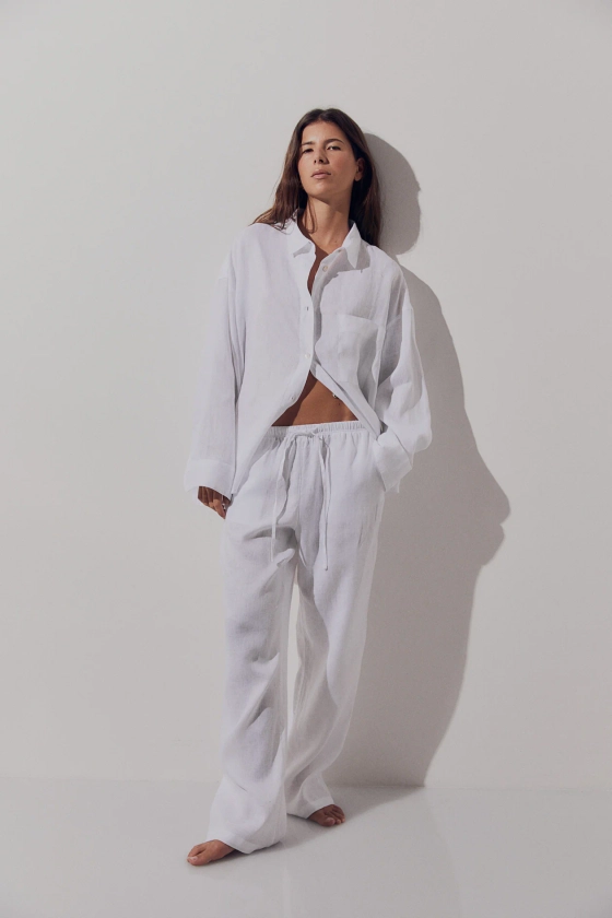 Linen trousers - High waist - Long - White - Ladies | H&M GB