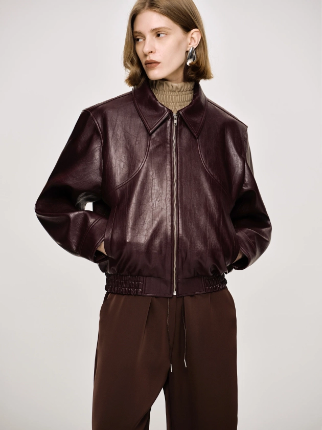 (Pre-order) Ennio Faux-Leather Bomber Jacket, Mahogany