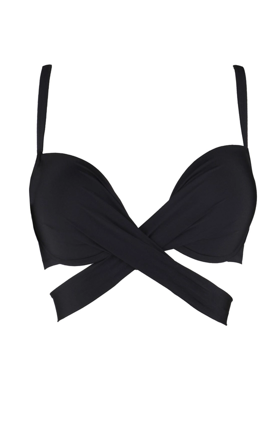 Space Front Fastening Wrap Around Lightly Padded Underwired Bikini Top in Black | Pour Moi