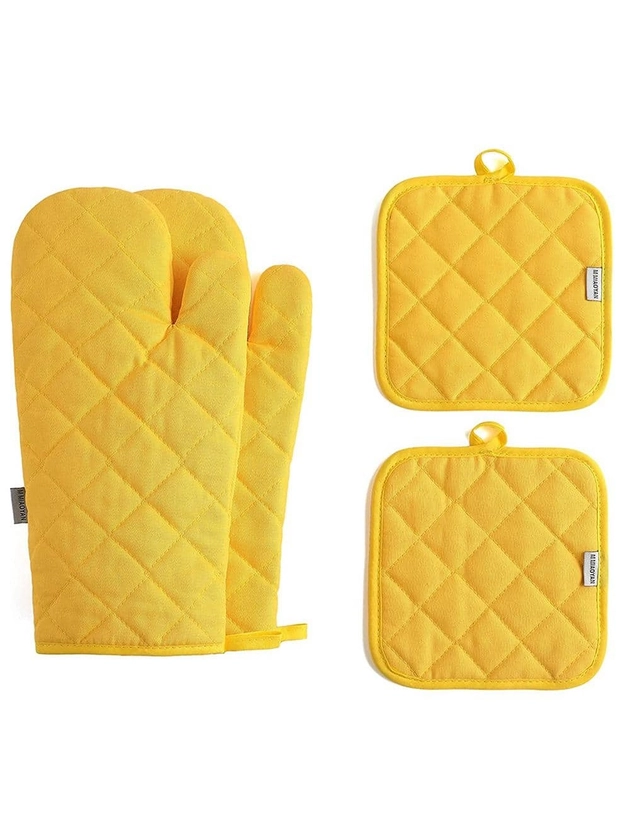 Yellow Oven Mitts And Pot Holders 4 Pcs Set,high Heat Resistant 500 Degree Extra Thicken Long Kitchen Oven Glove For Cooking
