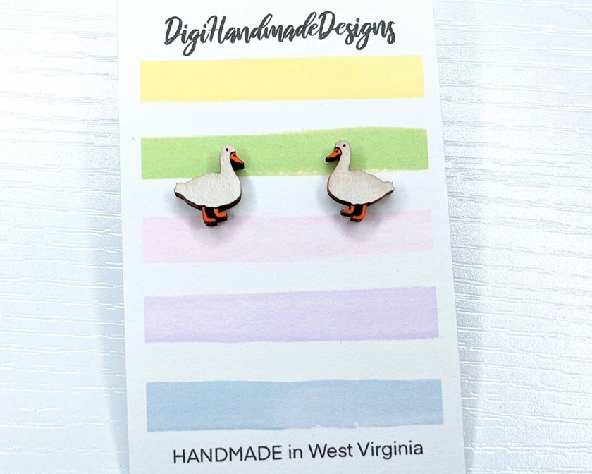 White Pekin Duck Stud Earrings // Gift for Duck Mom / Girl Who Loves Ducks / Duck Earrings / Cute Duckie / Hand Painted Solid Wood Earrings