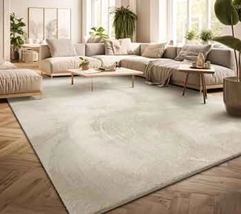 TT Home Tapis Poil Ras Tapis De Salon Monochrome Design Moderne Lavable, Couleur: Crème, Dimension:120x170 cm