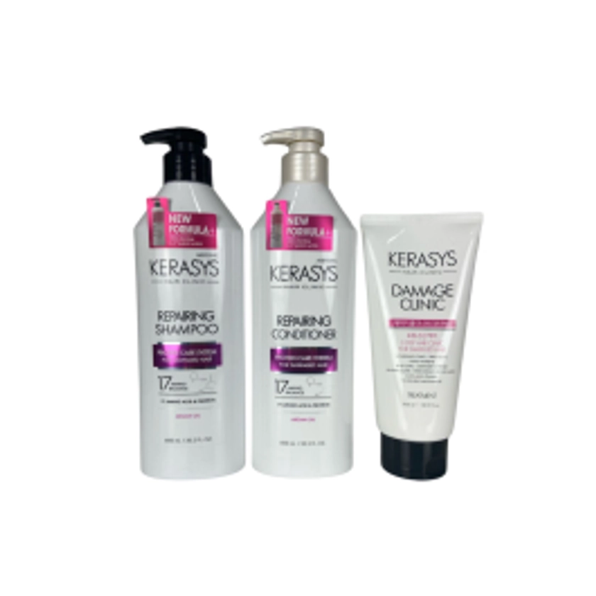 Kerasys Trio Repairing Argan Oil (Shampoo 600ml + Condicionador 600ml) + Máscara Damage Clinic 300ml