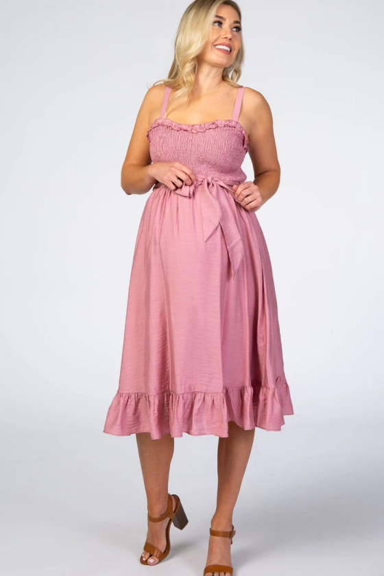 Pink Ruffle Smocked Maternity Dress