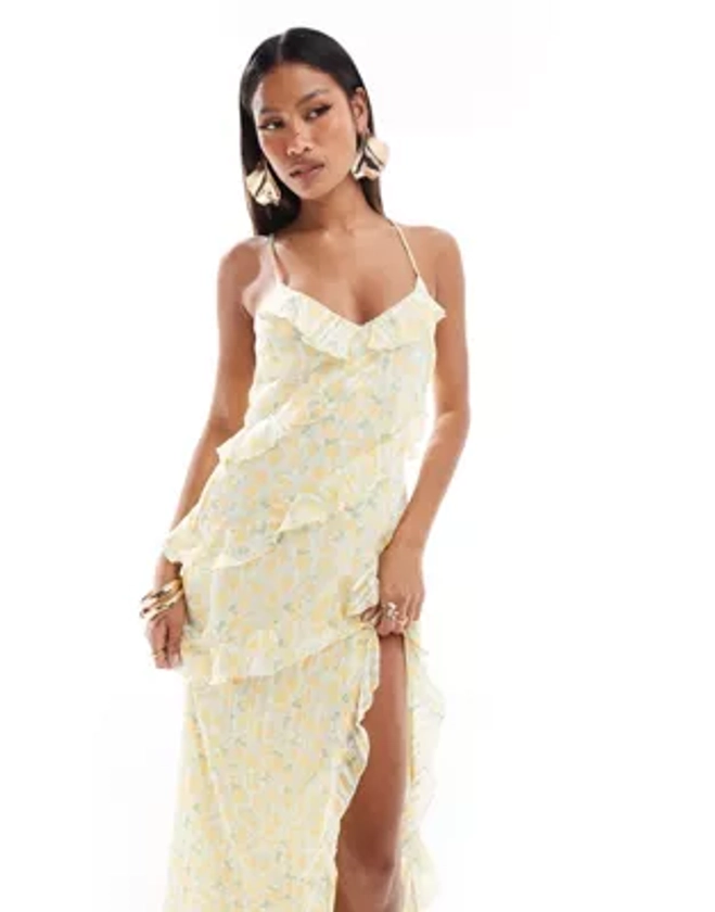 New Look floral ruffle split maxi dress in yellow