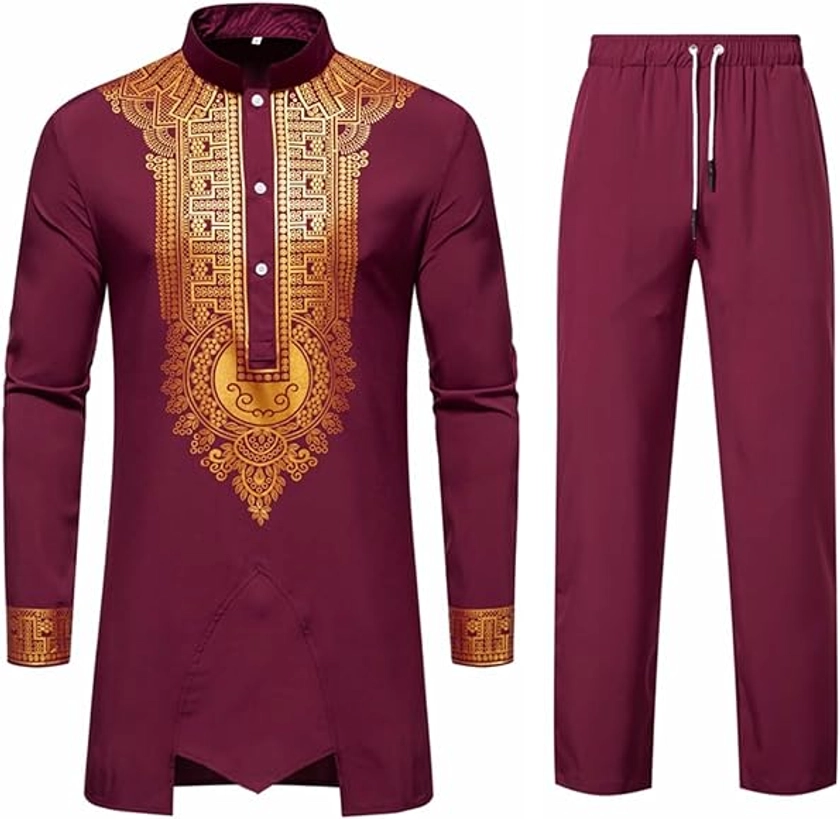 ZDSUHYIW Traje Africano Dashiki de los hombres Conjunto de dos piezas Trajes Tribal Tradicionales Camisa y Pantalones Musulmanes Árabe Medio Oriente Traje de Manga Larga Traje Islámico