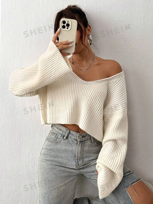 SHEIN MOOSTA Solid Drop Shoulder Crop Ribbed Knit Sweater