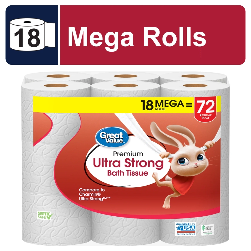 Great Value Ultra Strong Toilet Paper, 18 Mega Rolls, 2-Ply Toilet Tissue