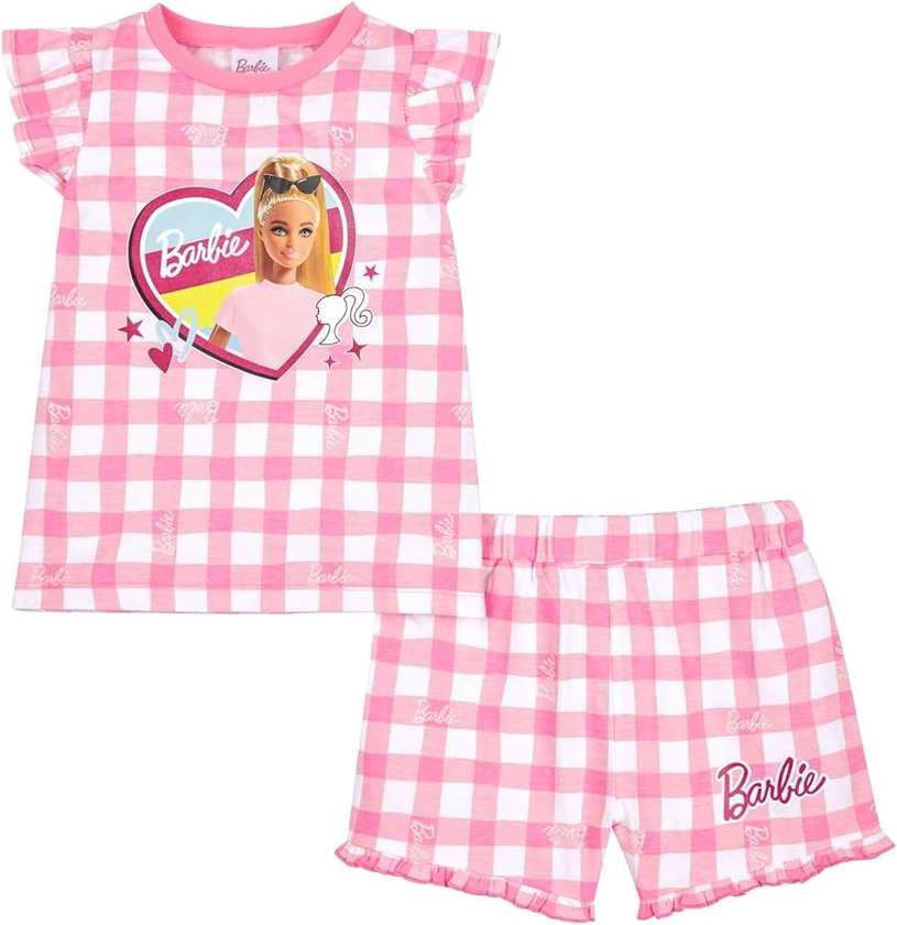 Barbie Girls Pyjamas, Short Frilled Doll Pjs, Chequered Print Pj Set, Doll Gifts For Young Girls
