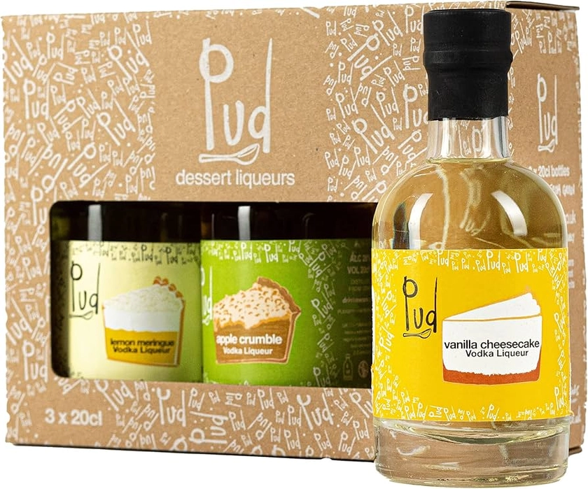 Pud Vodka Liqueur Gift Box 3 x 20cl (28% ABV) | Vodka Gift Set with Lemon Meringue, Vanilla Cheesecake and Apple Crumble Flavoured Vodka Liqueur | Ideal Alcohol Gifts & Vodka Gifts for Men & Women : Amazon.co.uk: Grocery