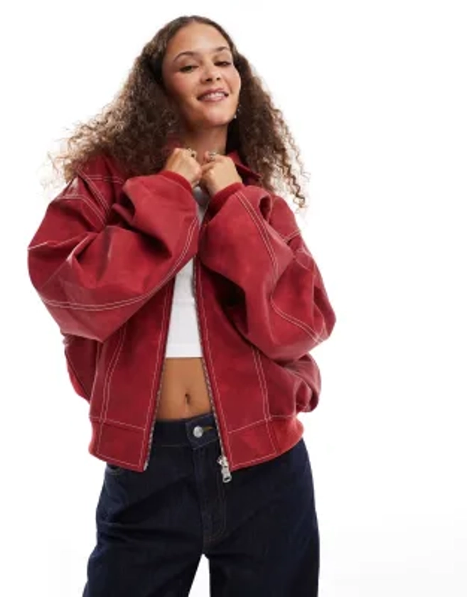 Lioness leather look contrast stitch bomber jacket in washed red | ASOS