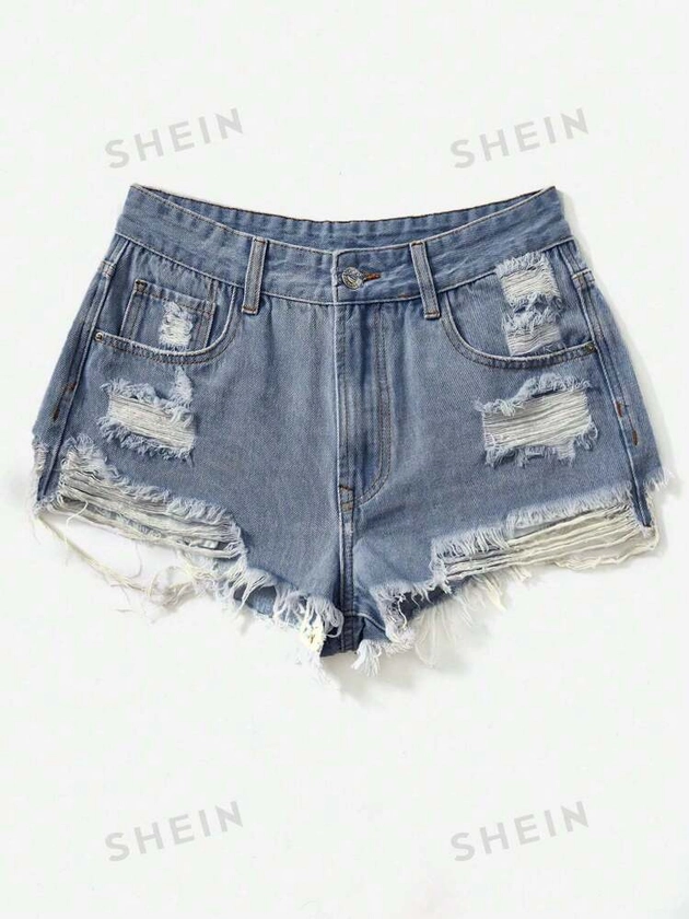 SHEIN EZwear Summer Ripped Raw Edge Denim Shorts