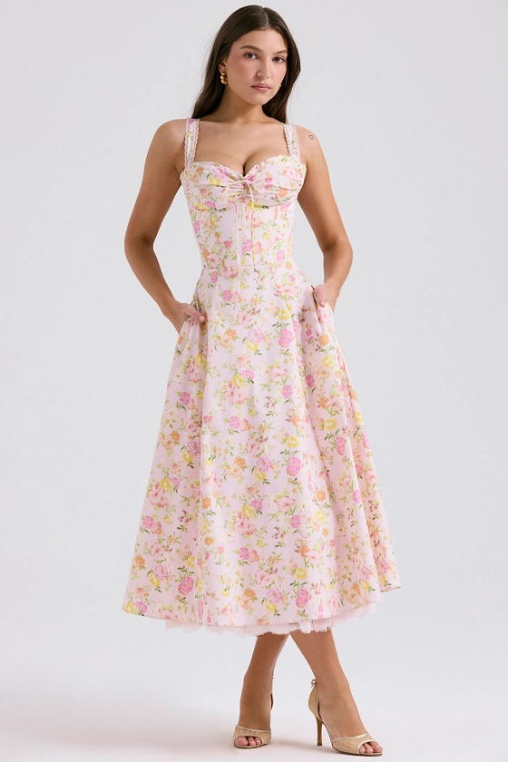 Clothing : Midi Dresses: 'Rosalee' Pink Meadow Print Cotton Bustier Sundress