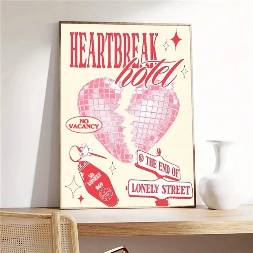 1pc/Set Vintage Pop Music Heartbreak Hotel Room Aesthetic Posters Trendy Pink Red Album Cover Canvas Wall Art Disco Ball Prints Paintings Retro Music Party Wall Decor For Bedroom Living Room No Frame, No Frame