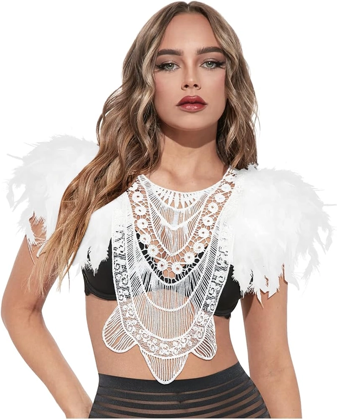 L'VOW Gothic Women Poncho Collar Natural Feather Short Cape Lace Epaulet Shoulder Shrug Wings Halloween Costume