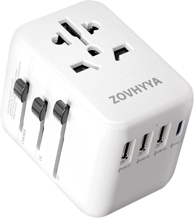 ZOVHYYA Adaptateur de Voyage 100V 250V Adaptateur Prise Universelle 2500W avec 3 USB A et 1 USB C Type C Adaptateur International Portable 47x53x71mm Adaptateur Universel Prises UK US AU Chine Japon